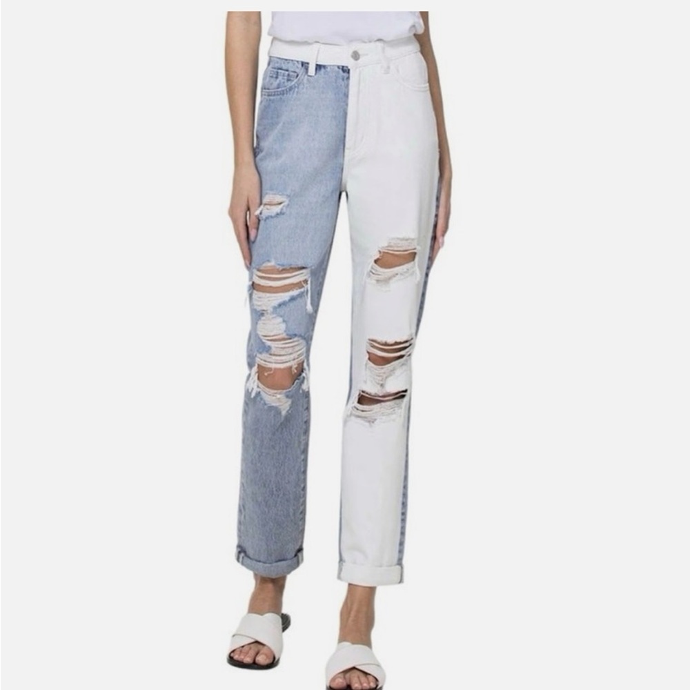 Vervet Steady Heart Split Two Tone Mom Jeans Distressed Blur White V2804 Size 24
